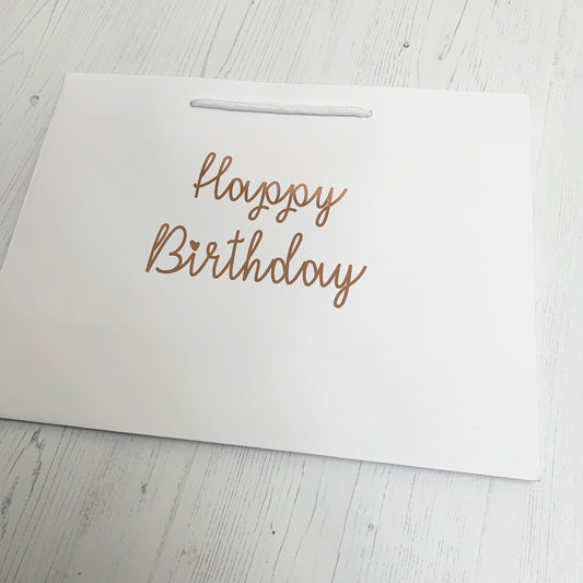 Birthday gift bag, happy birthday gift, white gift bag, rose gold, birthday present bag, personalised gift bag, white rope handle bag