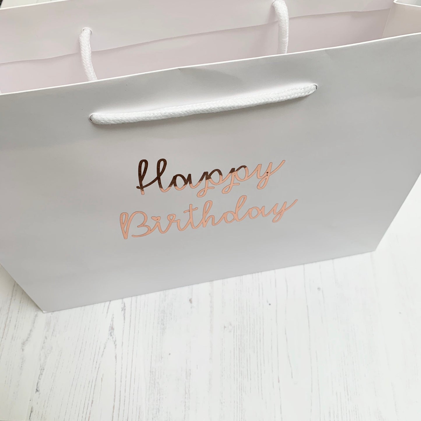 Birthday gift bag, happy birthday gift, white gift bag, rose gold, birthday present bag, personalised gift bag, white rope handle bag