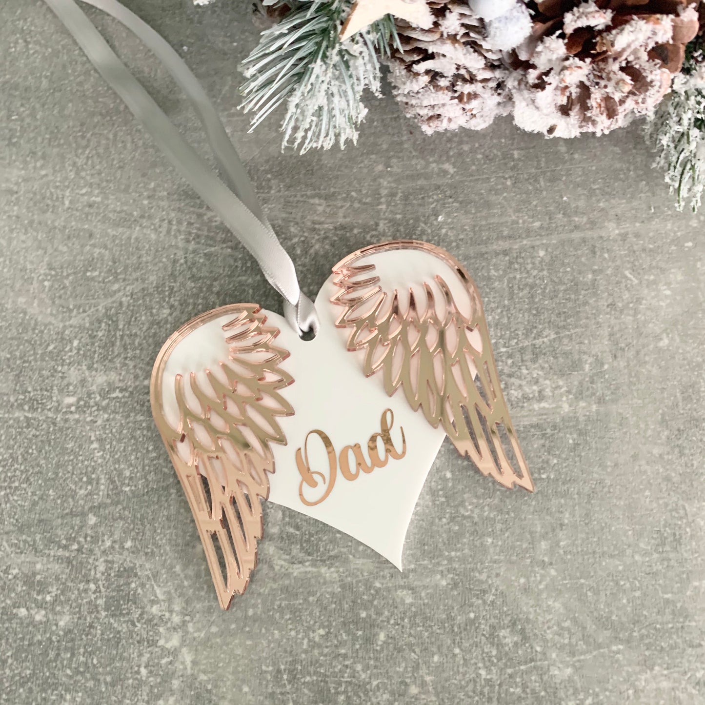 Personalised Rose gold angel wings for christmas tree decoration, silver angel wings heart Xmas Dec, gravestone memorial gift