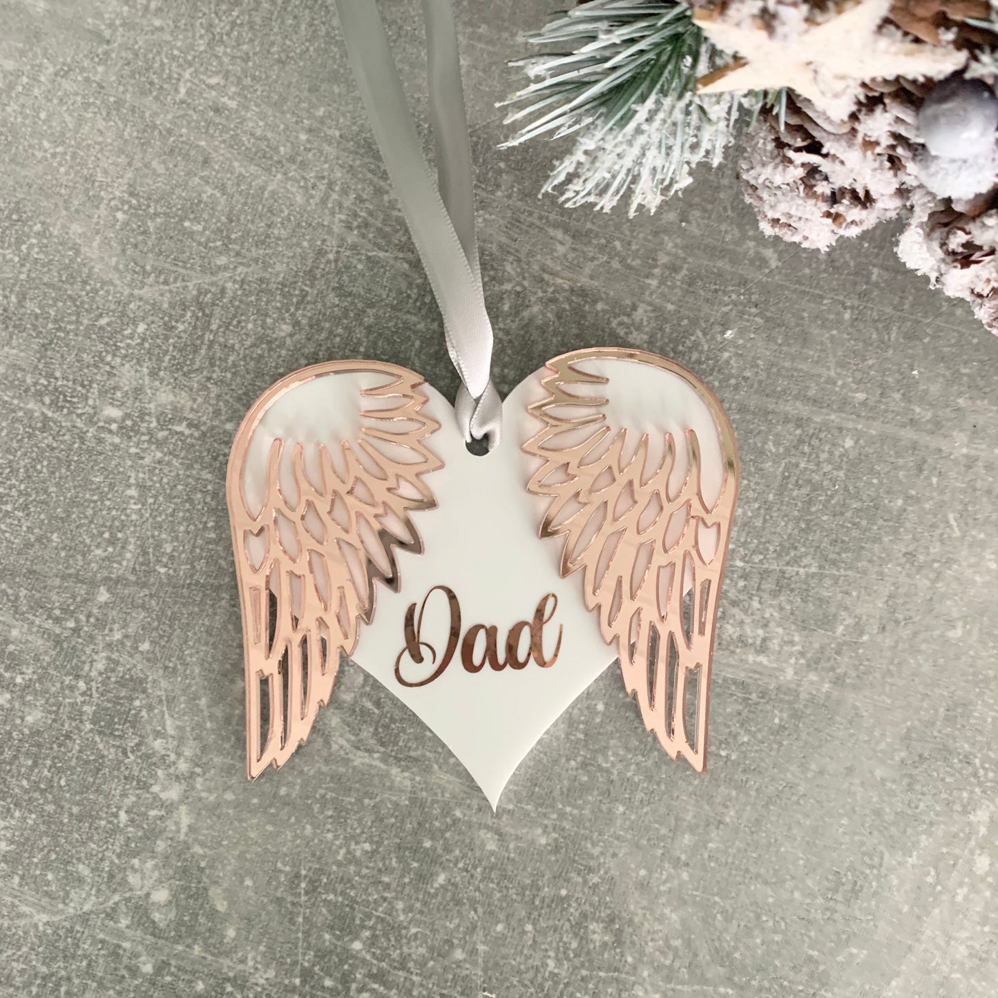 Personalised Rose gold angel wings for christmas tree decoration, gravestone memorial heart, sorry baby loss gifts for parents,
