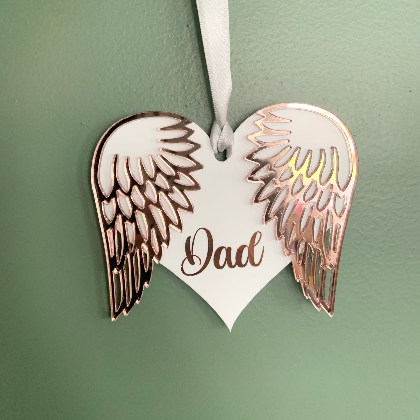 Personalised Rose gold angel wings for christmas tree decoration, silver angel wings heart Xmas Dec, gravestone memorial gift