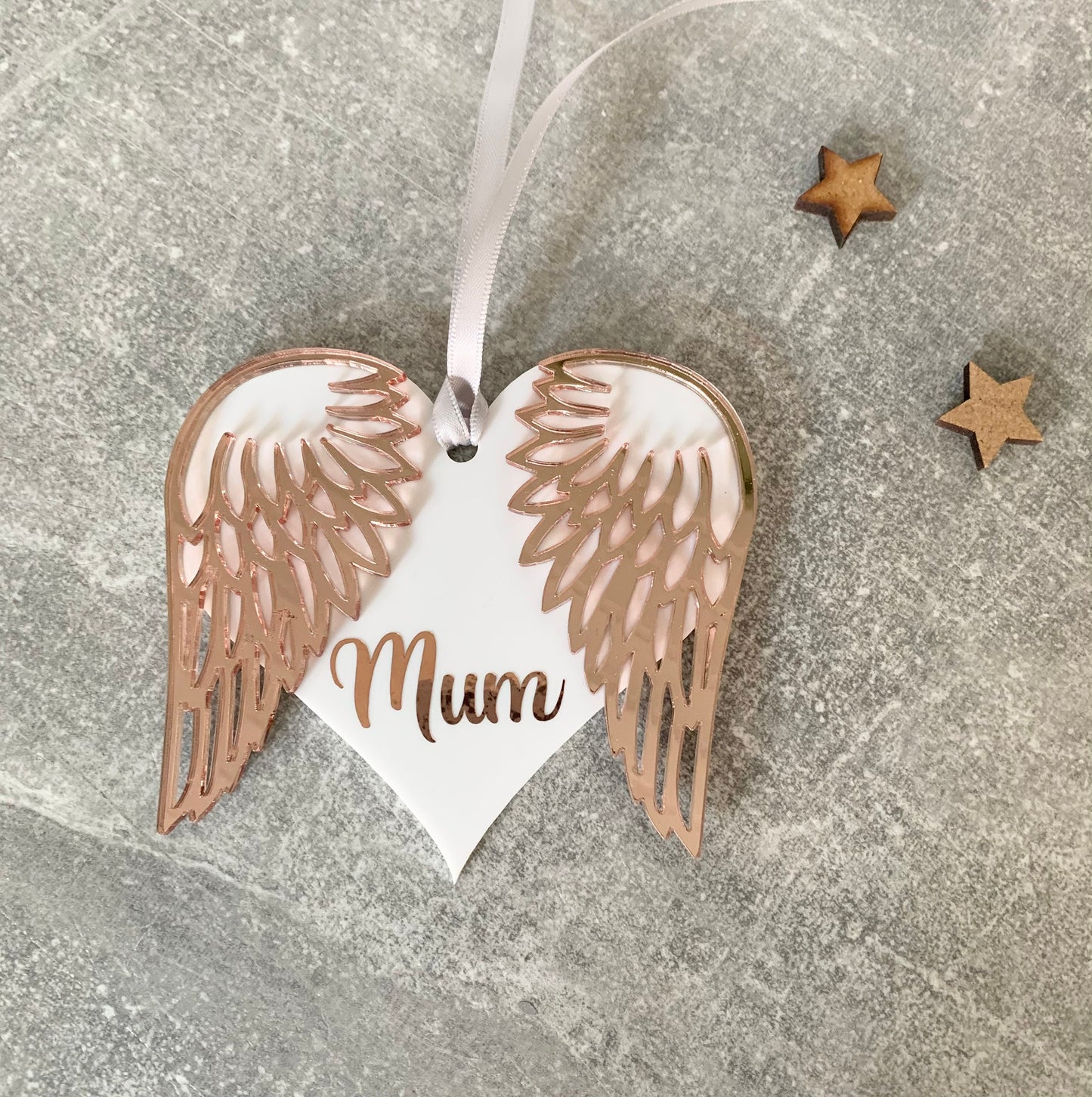 Rose gold angel wing decoration personalised with name, baby loss gift, gravestone decoration, memorial present, pet dog loss gift, cat loss