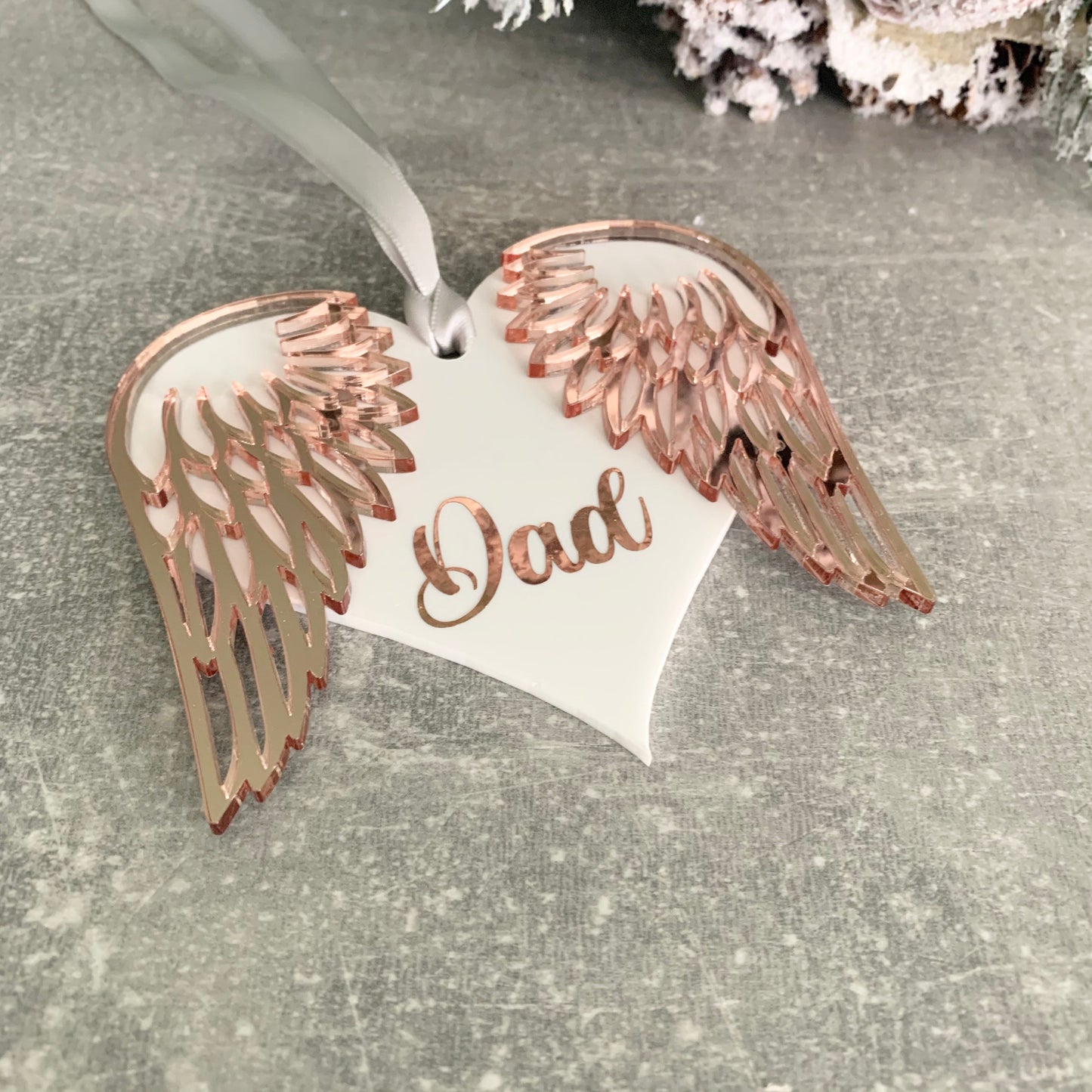 Personalised Rose gold angel wings for a gravestone. Baby or family member loss memorial present to give to mourning friend