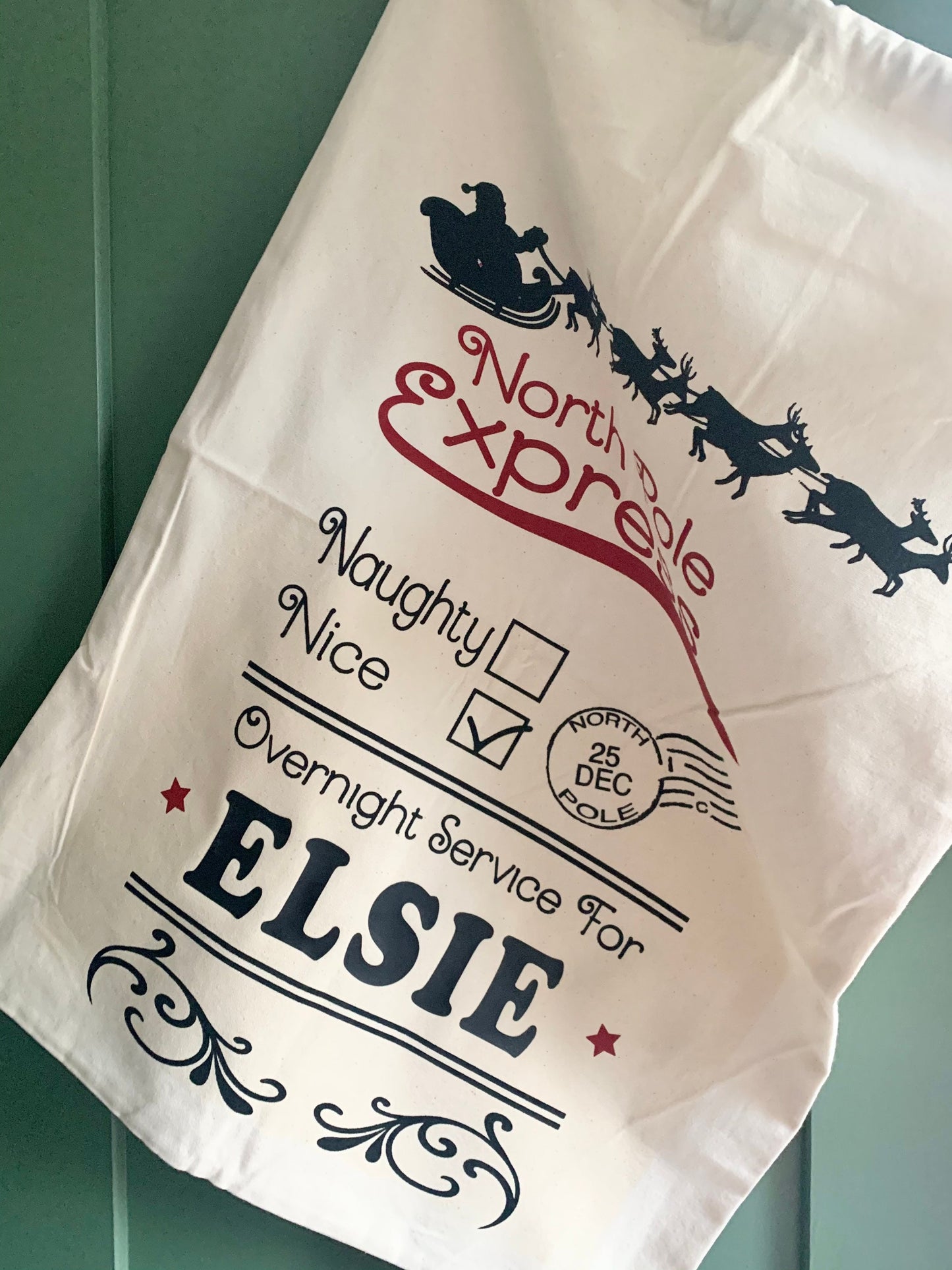 Christmas sack, personalised stocking, Christmas Eve Santa sack, Xmas present bag, North Pole delivery, Father Christmas delivery bag, nice