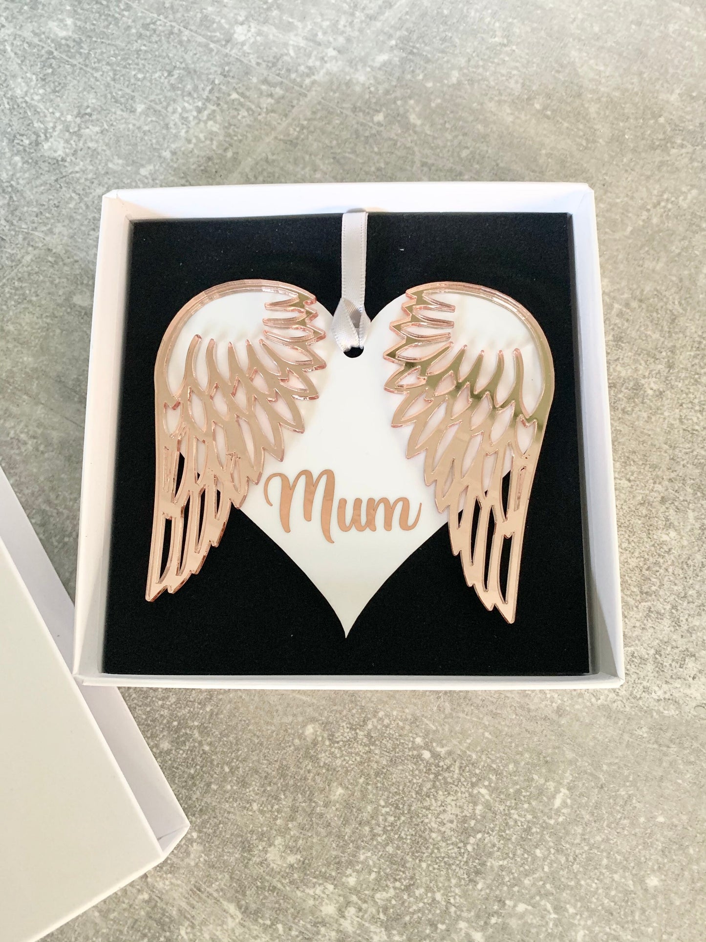 Personalised Rose gold angel wings for a gravestone. Baby or family member loss memorial present to give to mourning friend