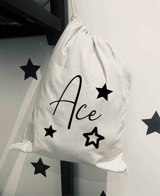 Personalised childrens cotton drawstring bag for toys or clothing, pe and sports club kits. Ideal gift for Christmas and birthdays,