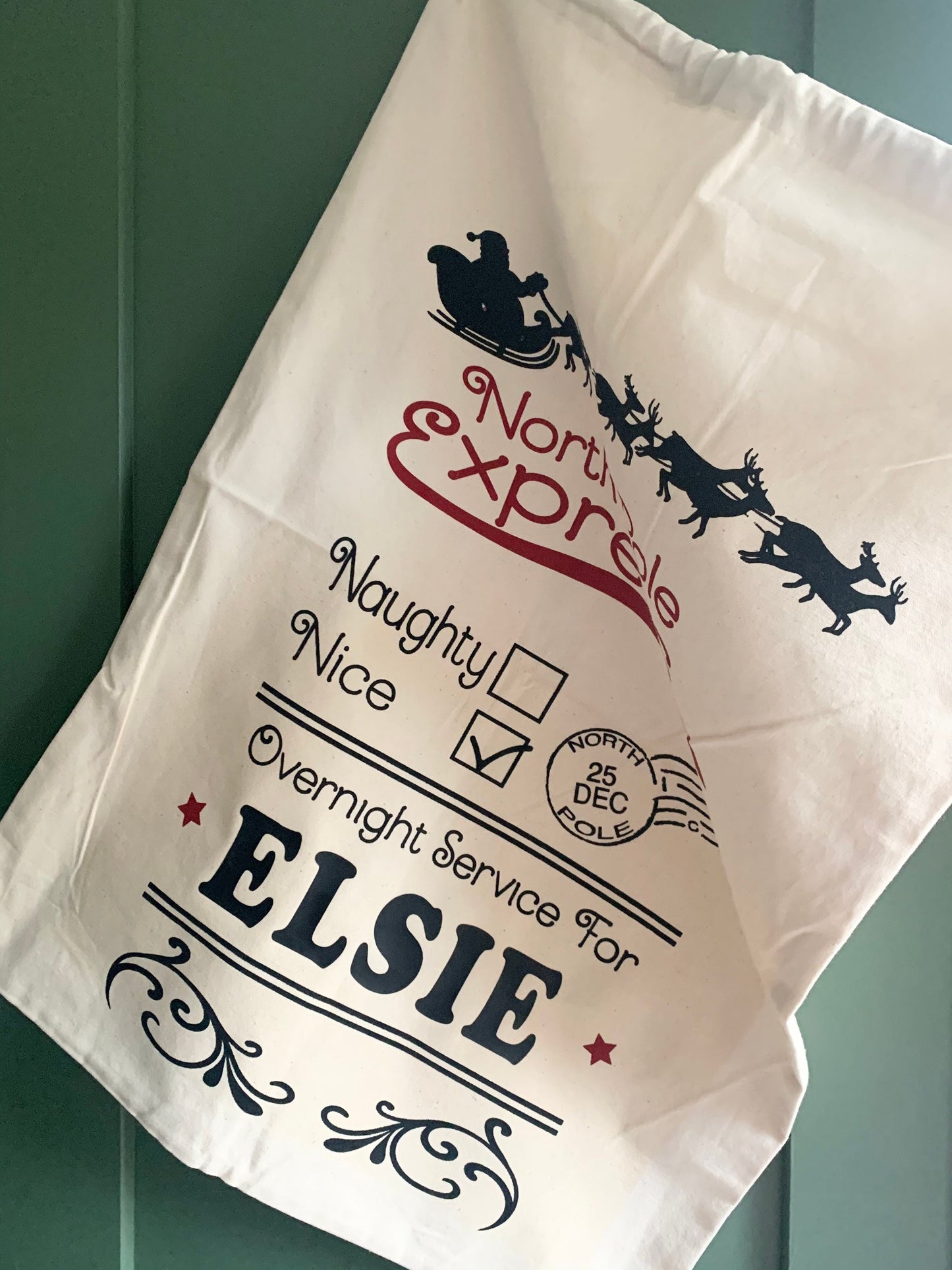 Christmas sack, personalised stocking, Christmas Eve Santa sack, Xmas present bag, North Pole delivery, Father Christmas delivery bag, nice