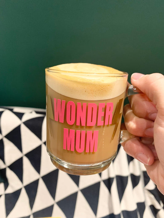 Wonder mum mug, mum Christmas gift mug, stocking filler gift for mum, friend birthday gift, glass coffee tea mug