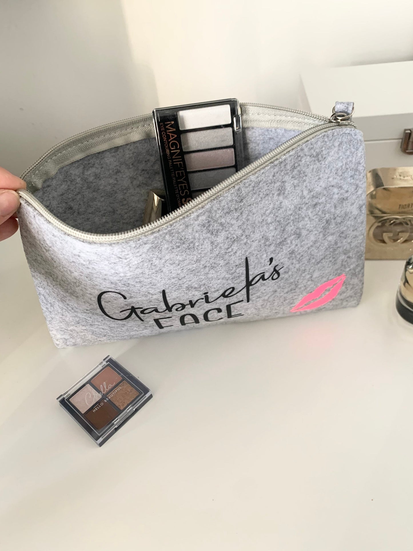 Personalised grey felt make up and toiletry bag, Mother’s Day gift, valentines gift for girlfriend or wife, gifts for mum, bridesmaid gift