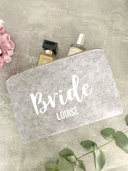 Personalised bride make up perfume pouch bag, bride wedding morning cosmetic case, grey felt make up bag, gift for bride to be