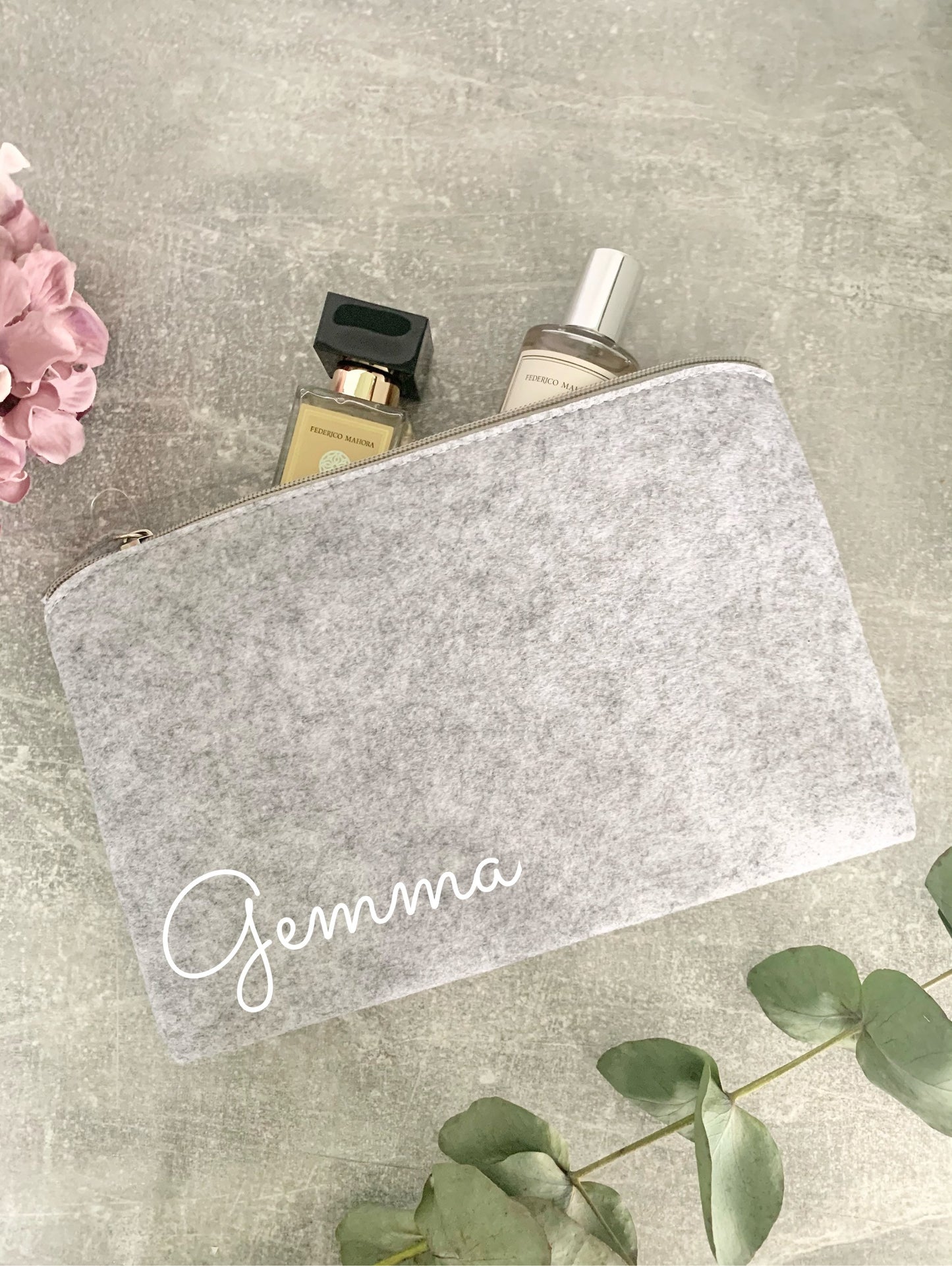 Personalised make up perfume pouch bag, grey felt case, birthday gift for her, bridesmaid gift, Mother’s Day gifts, toiletry case