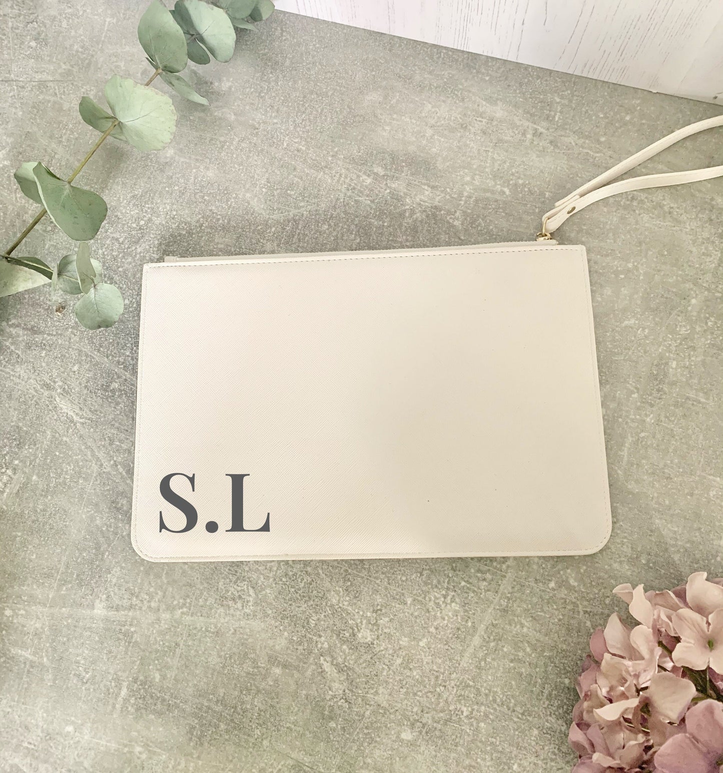 Personalised faux leather white clutch handbag, initial leatherette wristlet, Christmas party bag, Christmas stocking filler for her