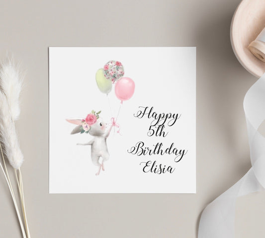 Personalised girls Happy birthday card, daughter, granddaughter, niece ages birthday cards, young girls birthday cards, rabbit, balloon