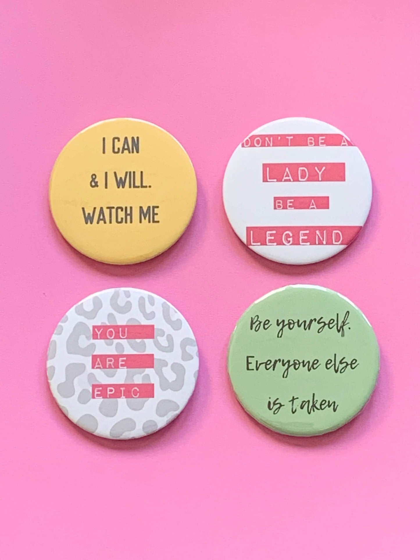 Positive badges, positivity pins, cheer up gifts, colourful badges, I can & I will, happy badges, happy gifts, letterbox gifts