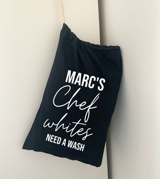 Chef whites laundry bag, personalised work uniform bag, gifts for him, chef gifts, workwear wash bag, black cotton drawstring laundry bag,
