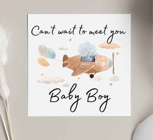 Baby card, card for newborn baby boy, can’t wait to meet baby card, boy baby card, retro baby card, plane elephant card, children cards