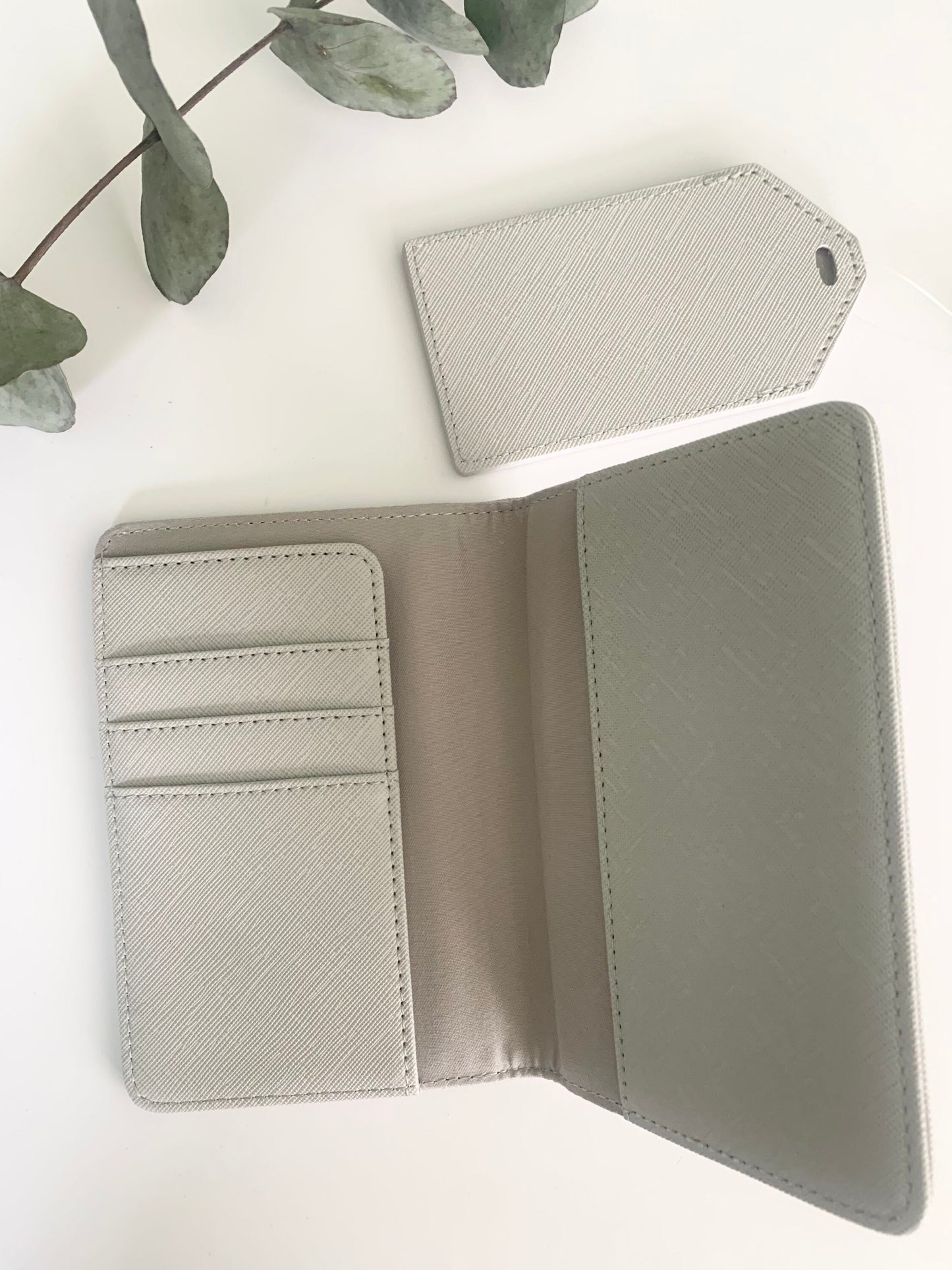 Personalised grey leather passport cover, named passport holder and luggage tag, holiday and travel luggage accessories, honeymoon gifts