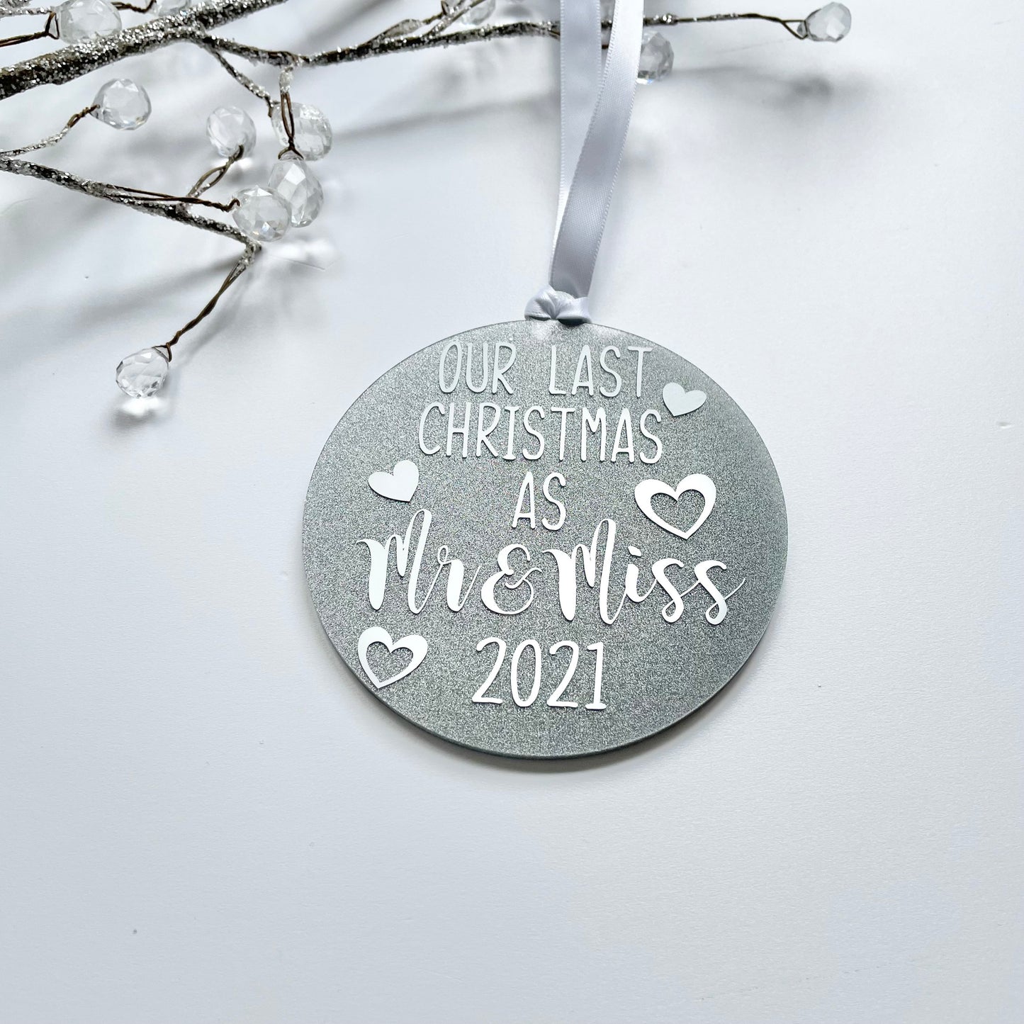 Last Christmas as Mr and Miss Xmas tree decoration, 2023 wedding gift, bauble for engaged couple, bride and groom Xmas gift