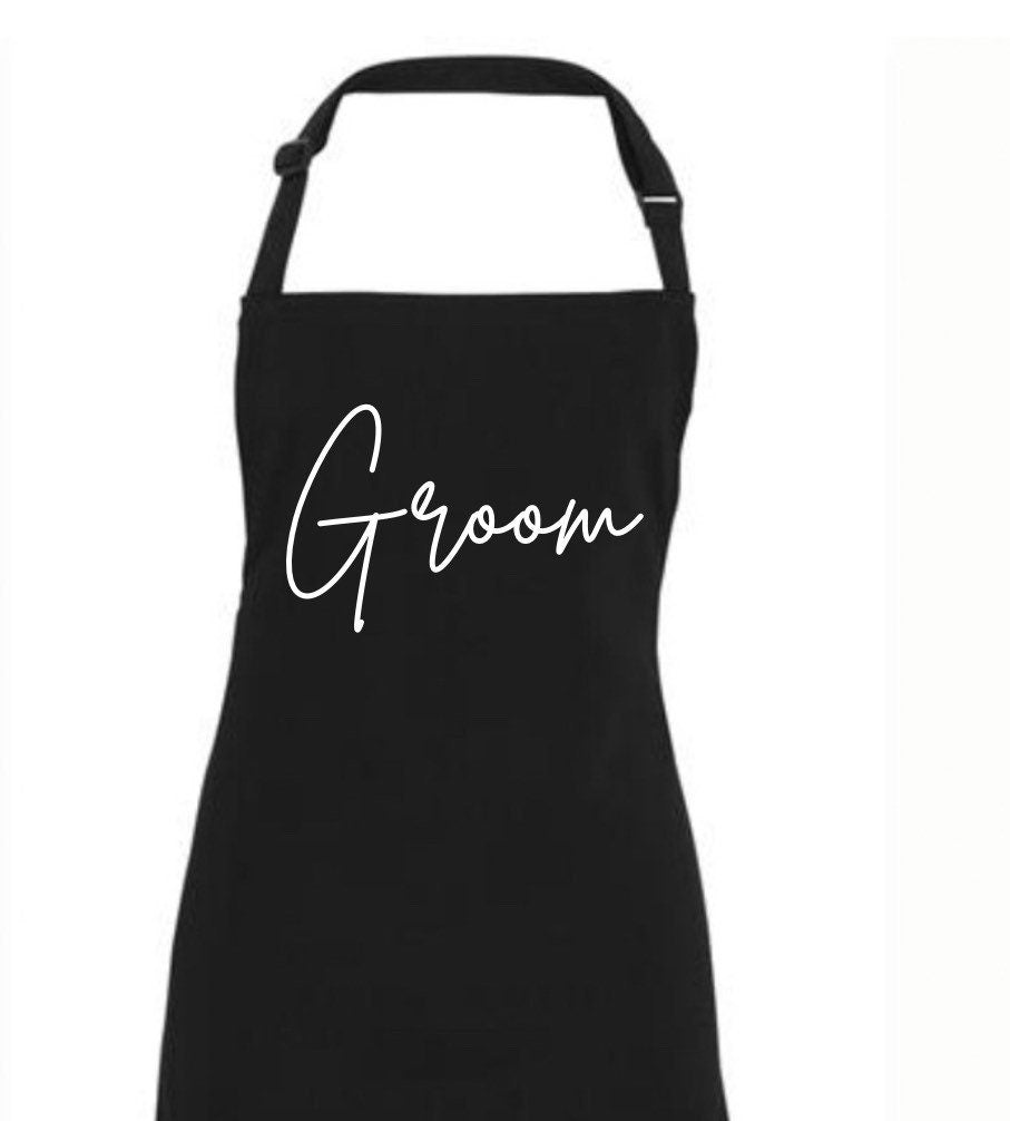 Wedding day apron, Bride and Groom apron set, wedding dress cover up for first dinner as mr and Mrs, groom suit cover up, black and white