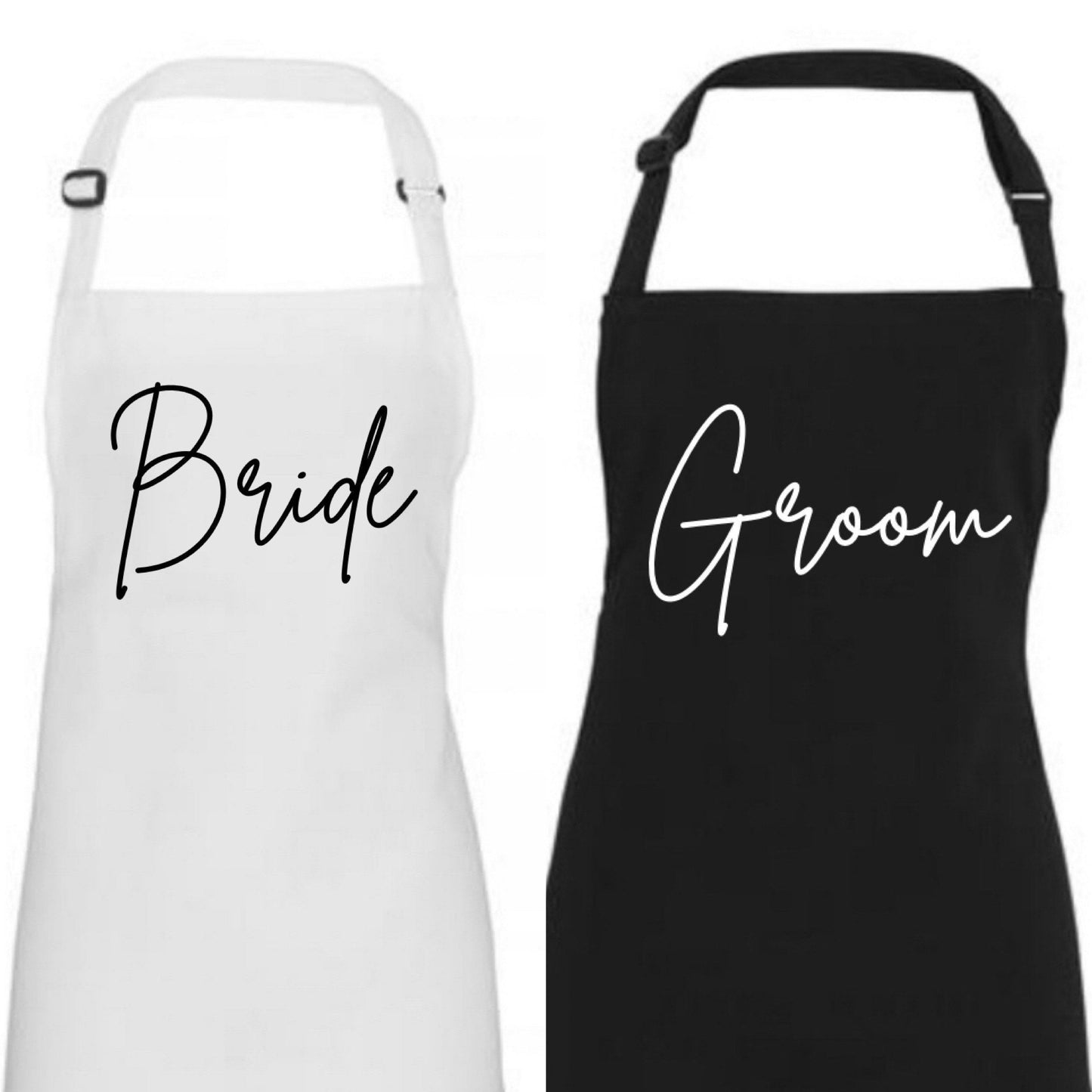 Wedding day apron, Bride and Groom apron set, wedding dress cover up for first dinner as mr and Mrs, groom suit cover up, black and white