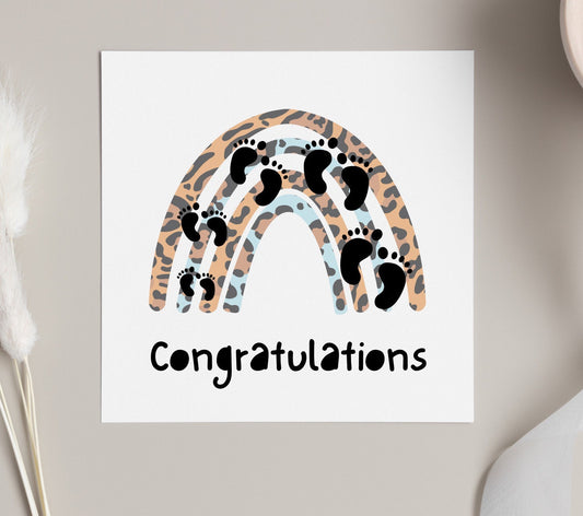 Congratulations on baby card, baby shower or pregnancy card, leopard print rainbow, baby feet congrats card