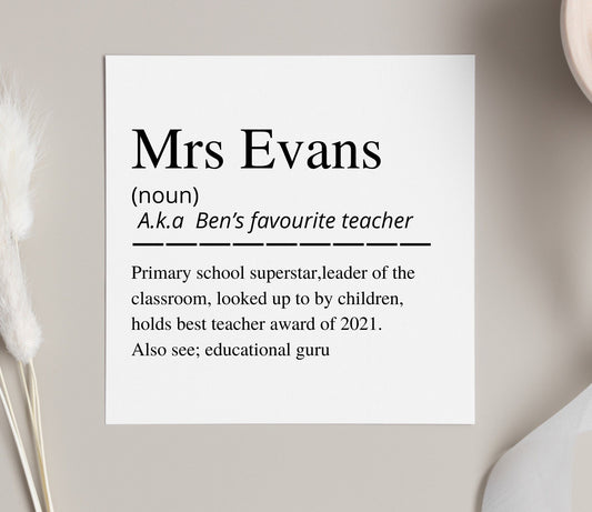 Personalised teacher card, thank you teacher, teacher appreciation week, dictionary style end of term thank you card,teaching assistant card