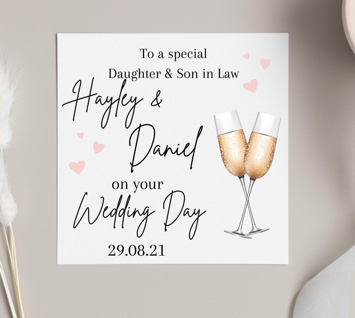 To daughter and son in law on wedding day card, personalised wedding day card, champagne wedding card.