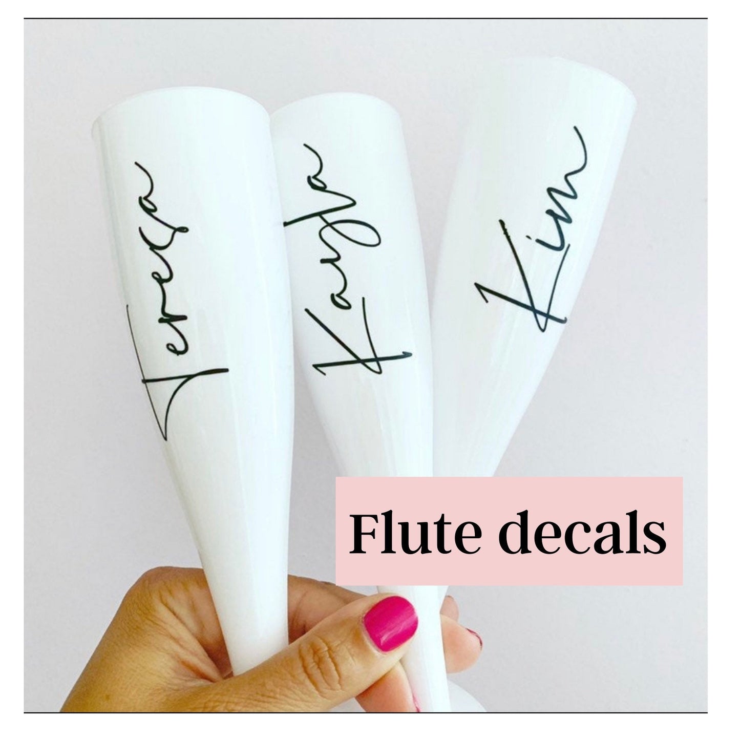 Personalised champagne flute name decals, DIY weddings & hen flutes, vinyl decals, foil name stickers, vinyls