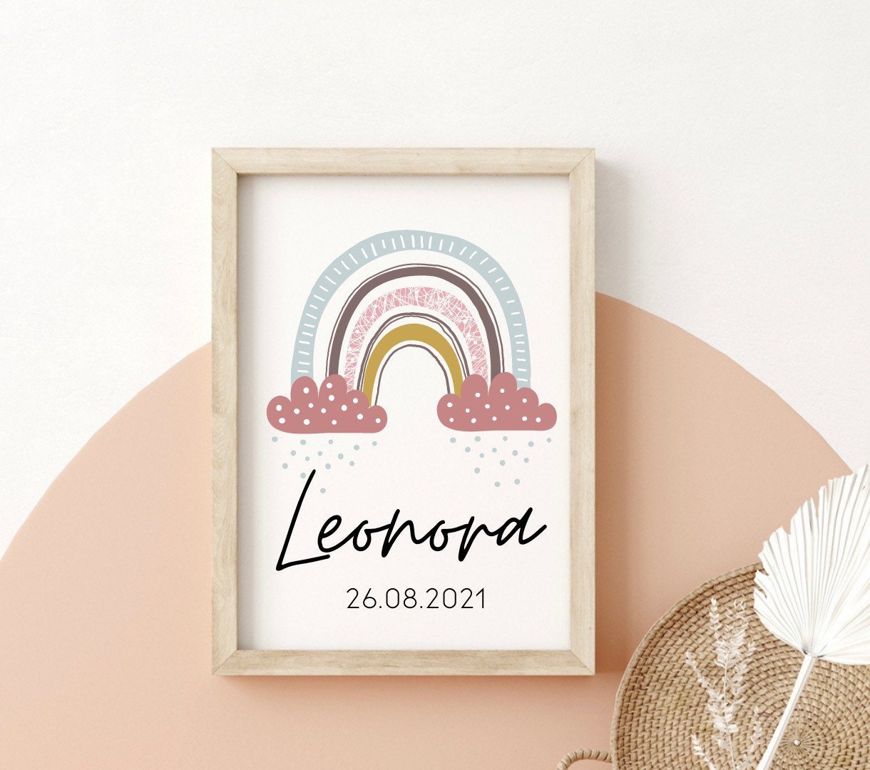 Personalised baby name and birthdate print with neutral rainbow design for neutral coloured nursery or baby bedroom. Newborn baby gifts 2021