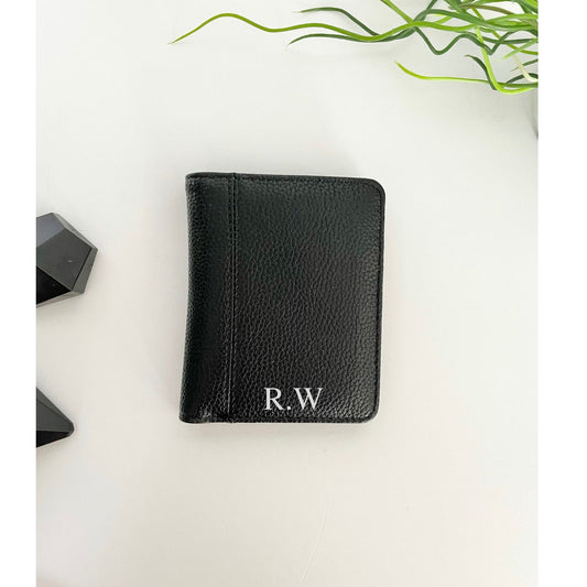 Personalised initial black leather wallet. Monogrammed wallets for men’s birthday, anniversary and Christmas presents. Husband gifts