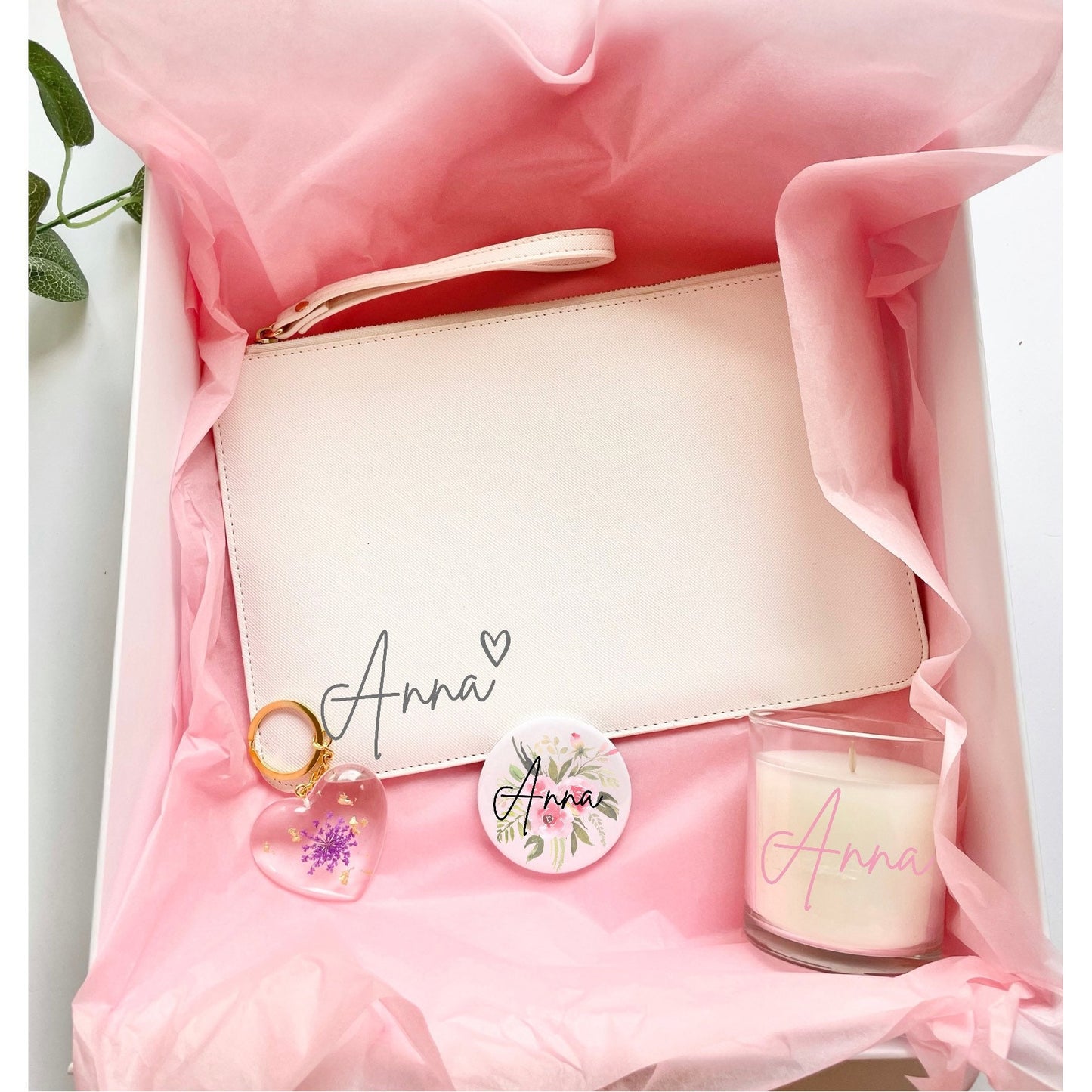 Personalised gift set for her, Mother’s Day gift set, mum gifts, clutch bag, candle, floral design compact mirror, gold leaf resin keyring