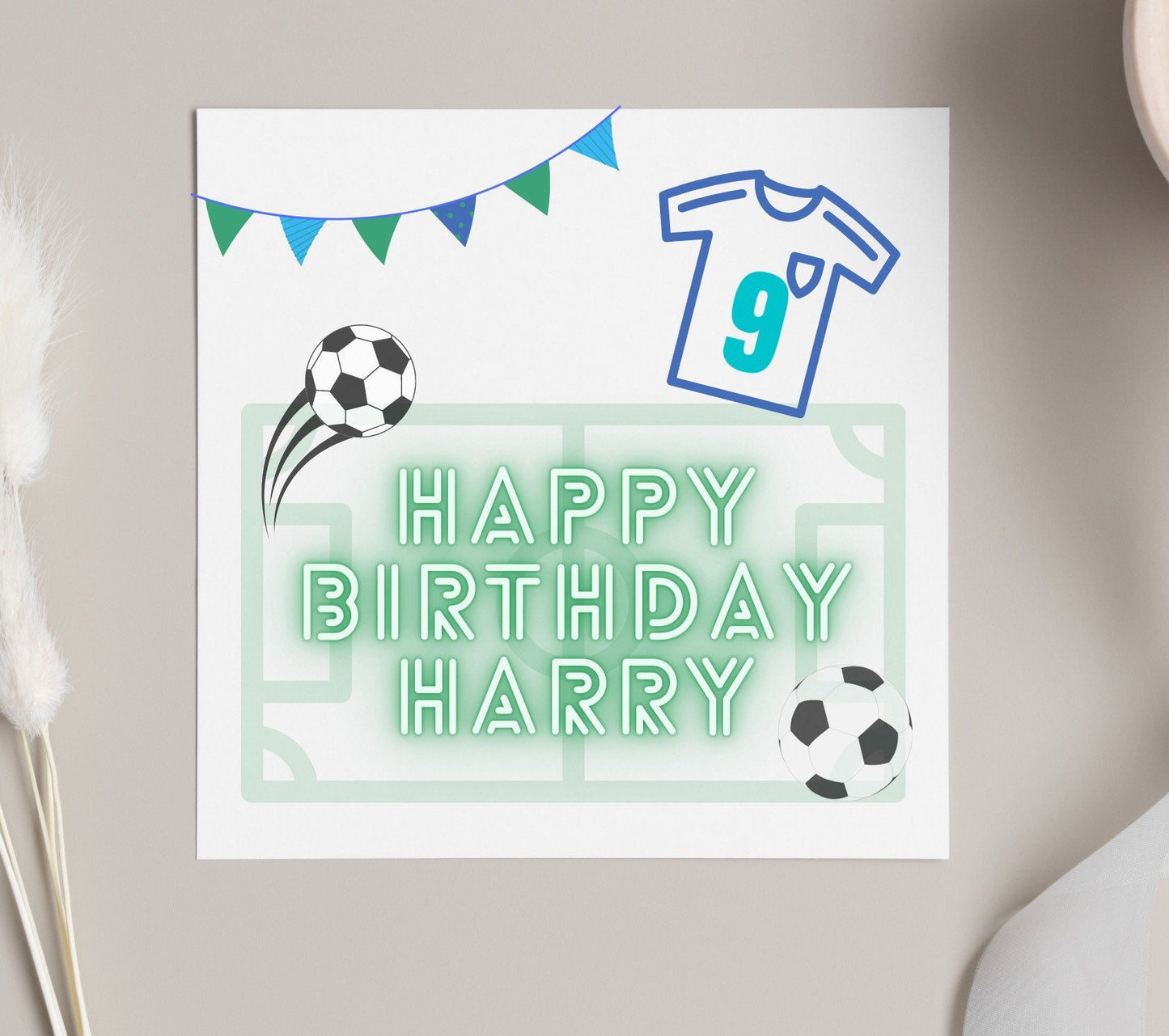 Happy birthday football theme card, Personalised age and name kids birthday party card, children bday card with badge