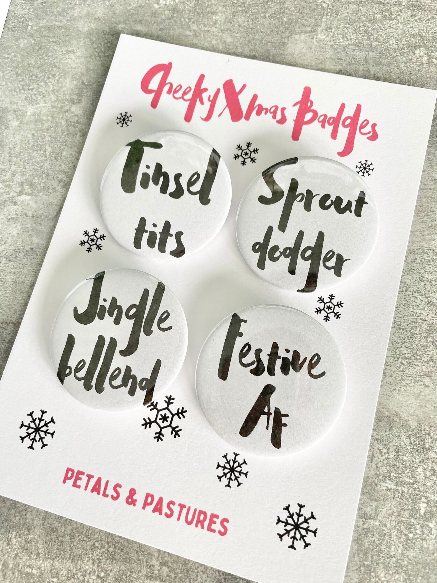 Cheeky Christmas badge pack, 58mm Xmas badges for adults, rude Christmas office party favours, diy Christmas cracker fillers,