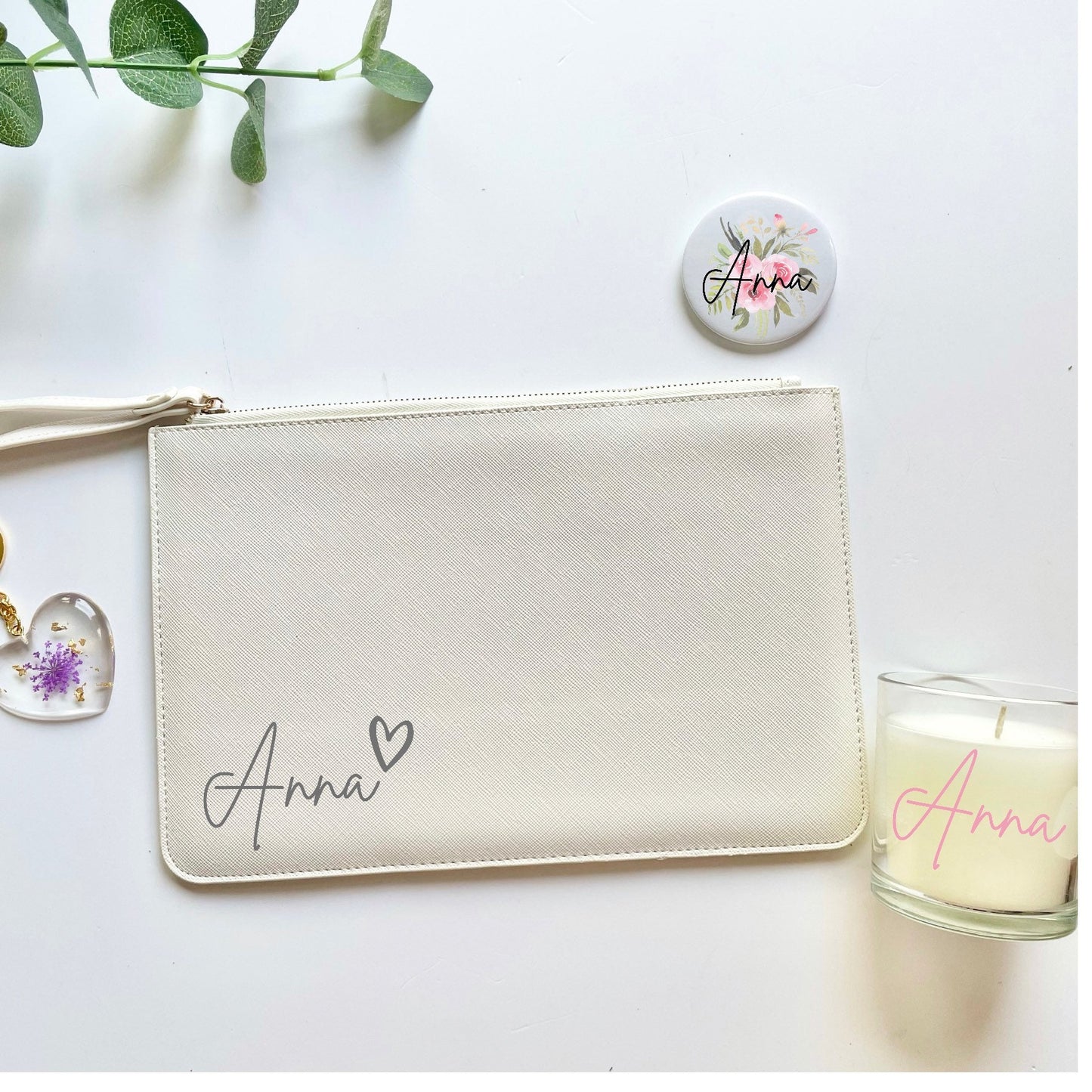 Personalised gift set for her, Mother’s Day gift set, mum gifts, clutch bag, candle, floral design compact mirror, gold leaf resin keyring