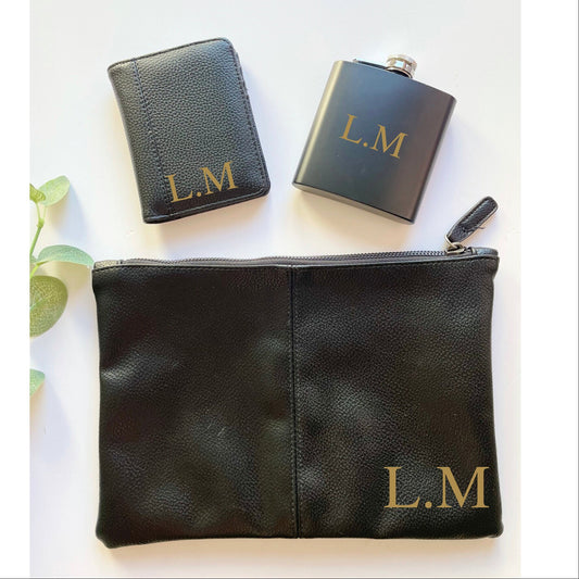 Men’s gift set, groomsmen gifts, initialled black wallet and toiletry bag, personalised Father’s Day gift set