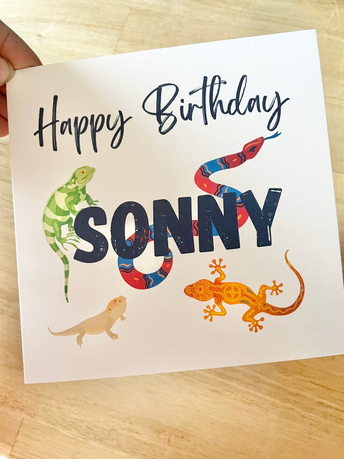 Boys personalised birthday card, reptile theme birthday card, snake, bearded dragon, chameleon design card, kids reptile party
