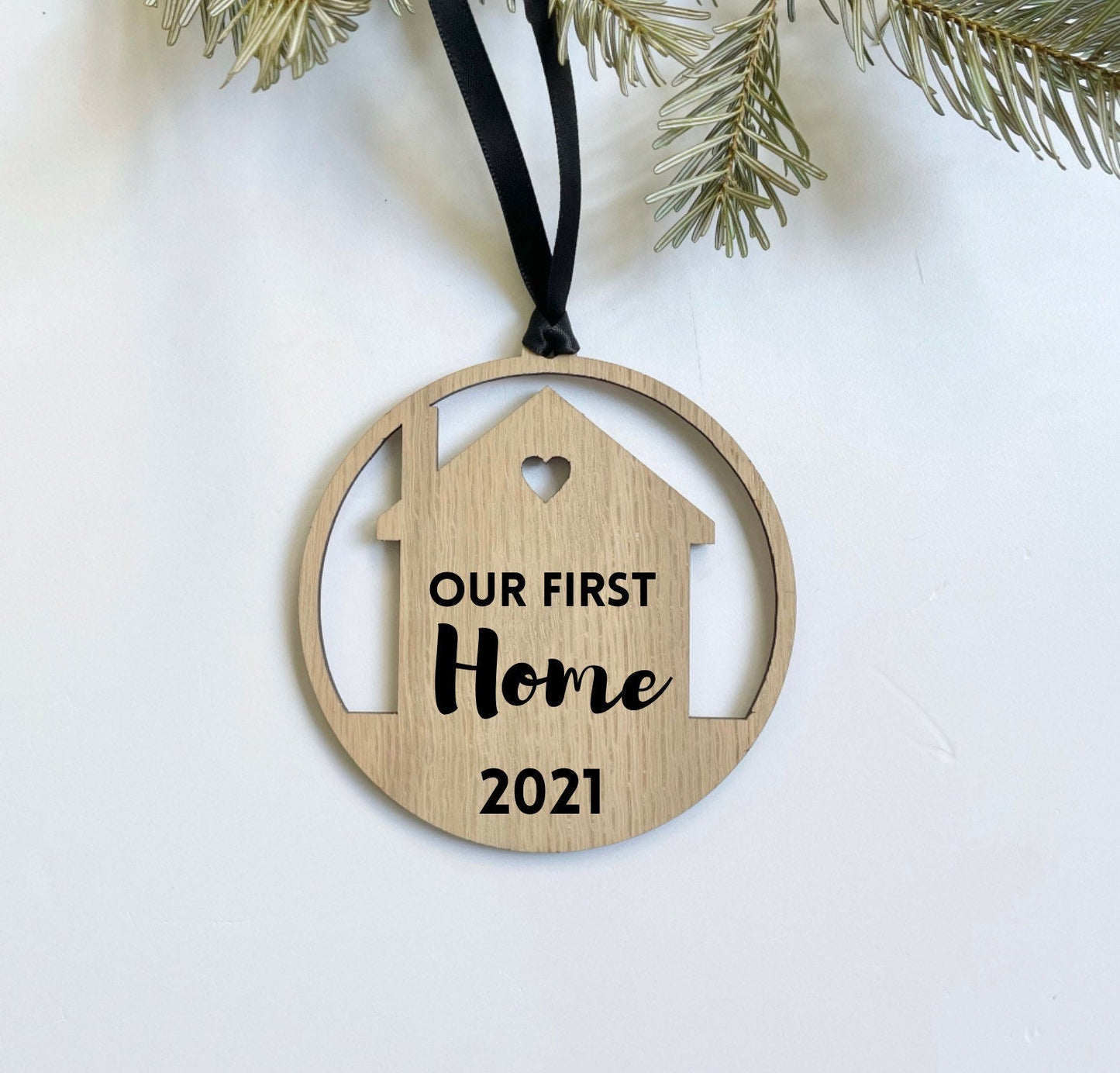 First Home Christmas Decoration, Housewarming Xmas gift, first Christmas in new home, oak veneer house shape Christmas baubles