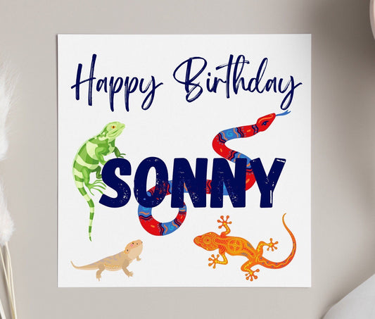 Boys personalised birthday card, reptile theme birthday card, snake, bearded dragon, chameleon design card, kids reptile party