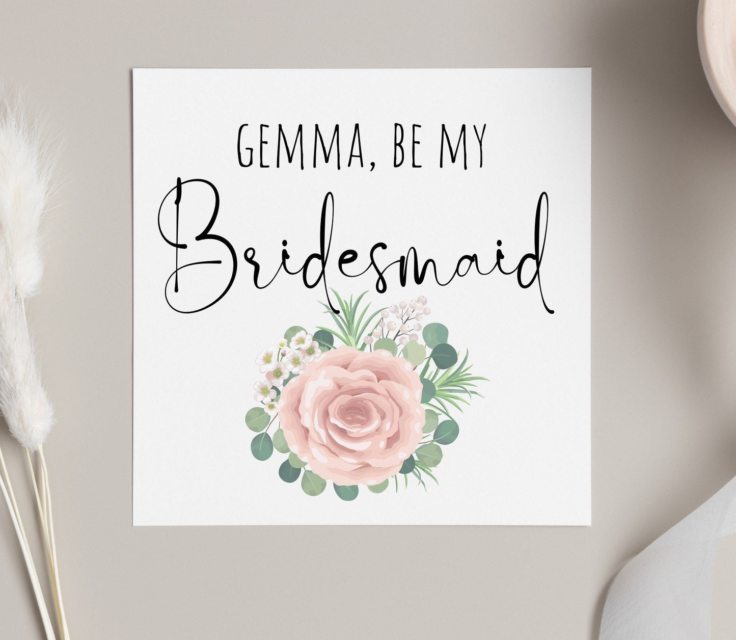 Personalised be my bridesmaid card, pink rose bridesmaid proposal card, wedding flowers card, be my maid of honour card