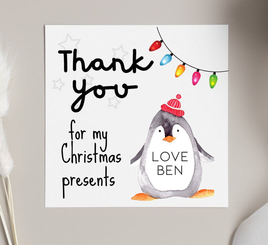 Thank you for my Christmas presents card, personalised childrens thank you cards to send to family and friends, penguin card