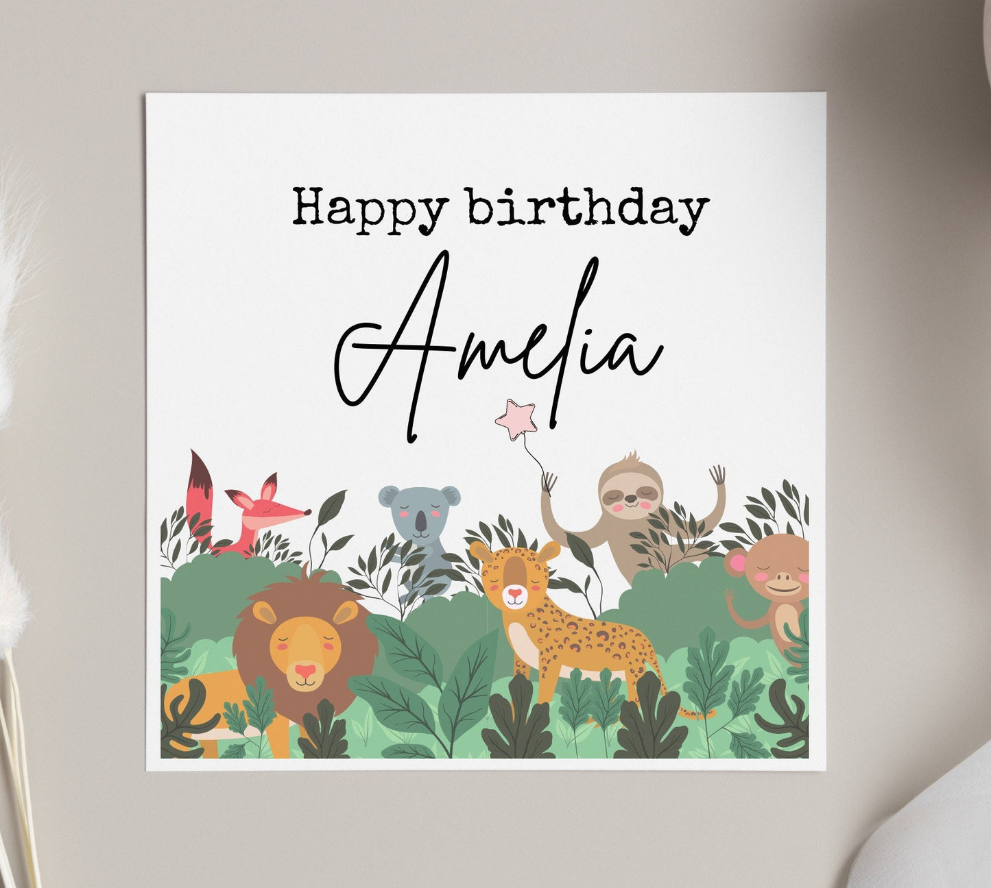 Happy birthday card for children, personalised jungle theme birthday, safari animals, grandchildren bday cards