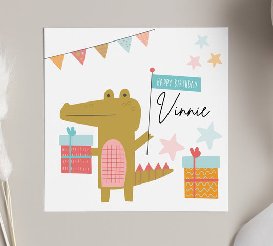 Crocodile happy birthday card, personalised jungle animals bday party card, alligator cards, son, nephew, Grandson birthday cards