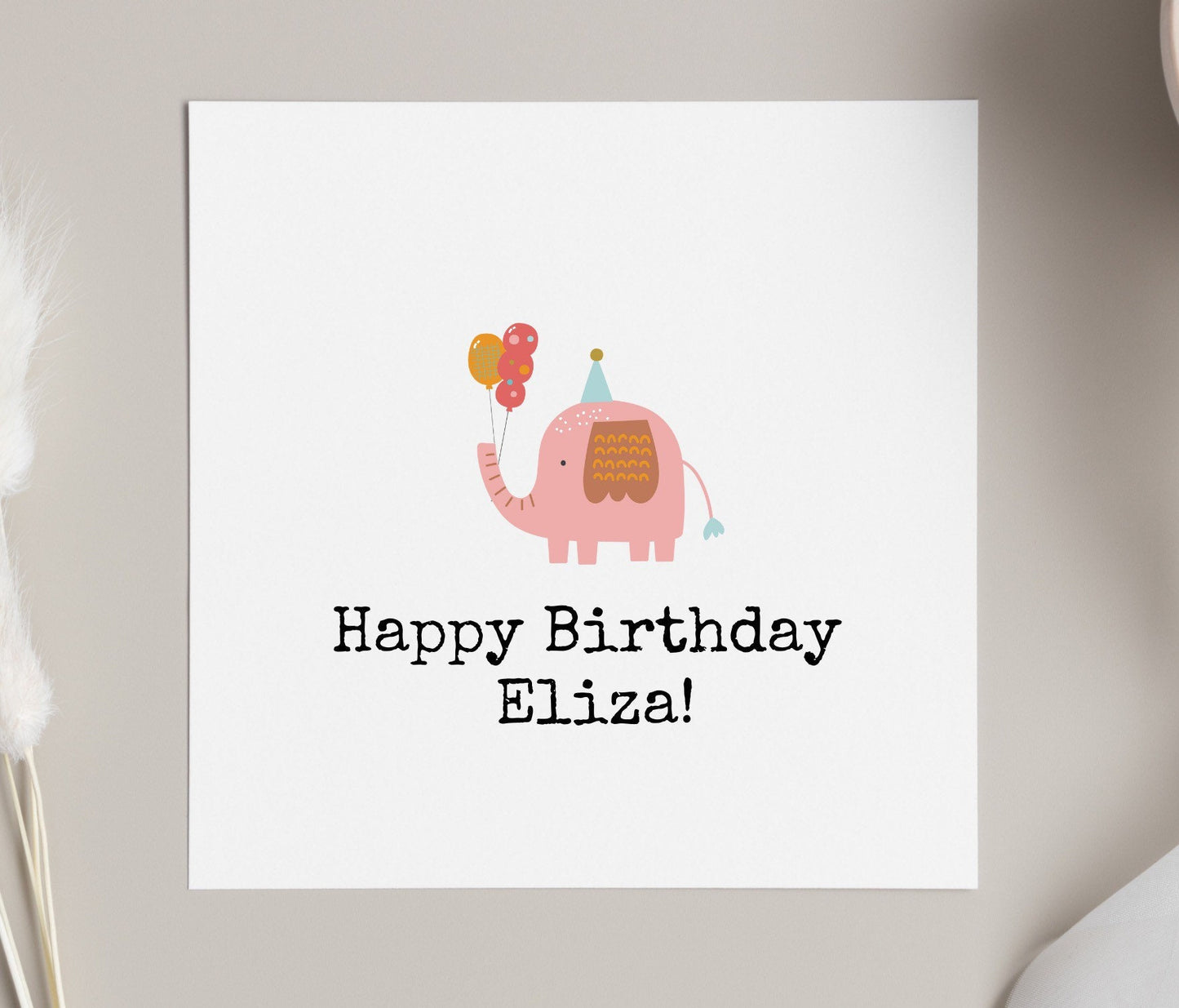 Elephant birthday card, personalised pink elephant, safari card for girls bday party, niece, daughter or granddaughter birthday cards