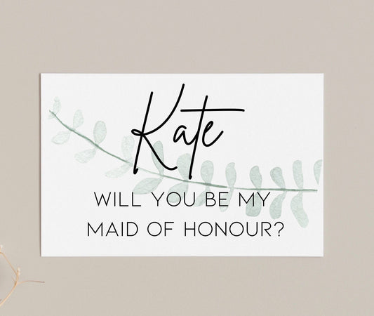 Will you be my maid of honour card, personalised wedding proposal card, eucalyptus bridesmaid card, bridal party card,