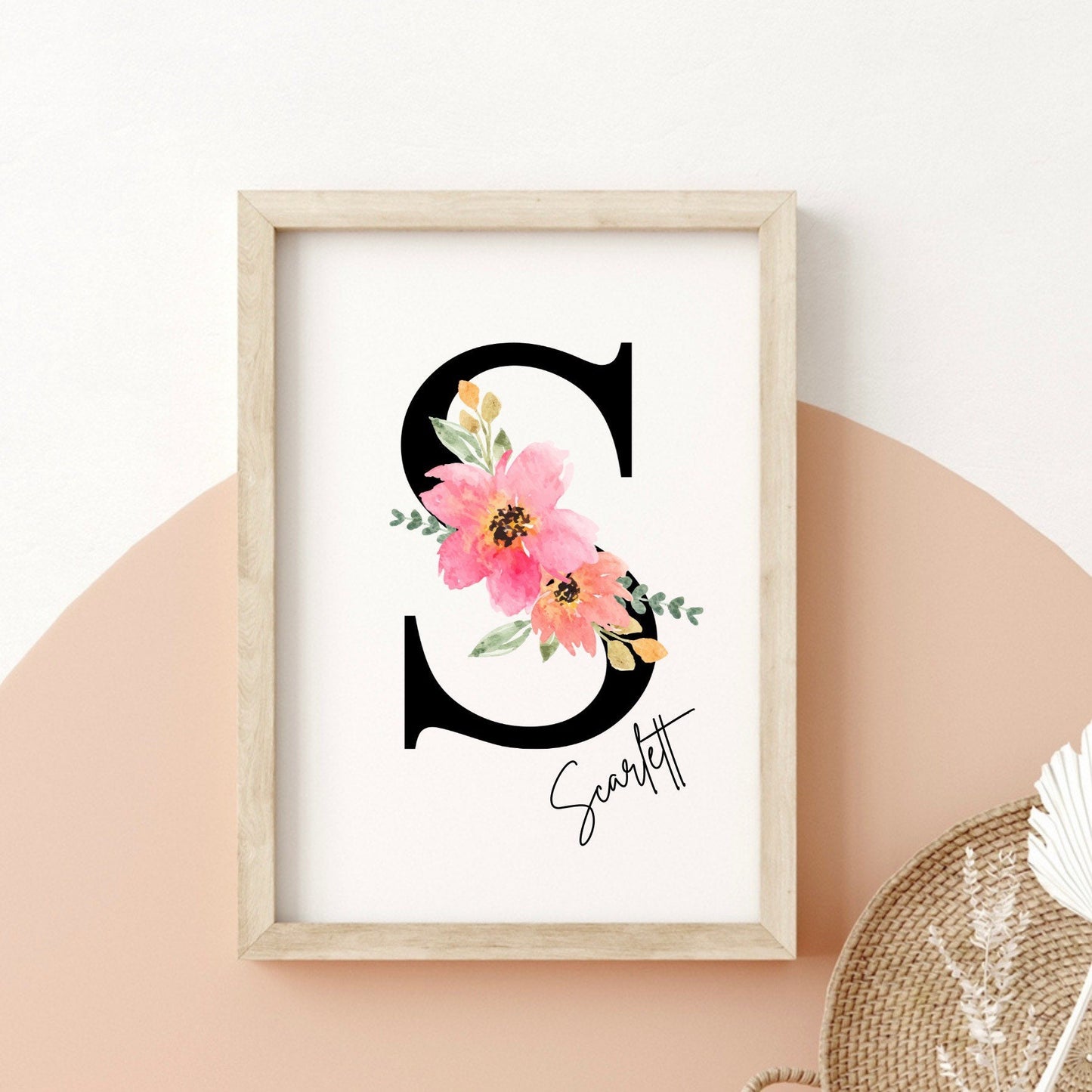 Flower initial print, personalised nursery wall art, unframed pretty print, boho baby girl bedroom decor, new baby gift
