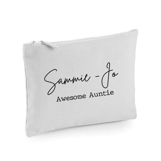 Awesome auntie toiletry bag, birthday gift for aunty, personalised cotton canvas pouch, packing bag, named make up case