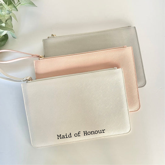 Bridesmaid clutch bag, maid of honour proposal gift, bridal party role leatherette wristlet bag for hen do & wedding day