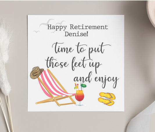 Retirement card, personalised happy retirement card, colleague leaving card, time to put those feet up, beach, deckchair cocktail card,
