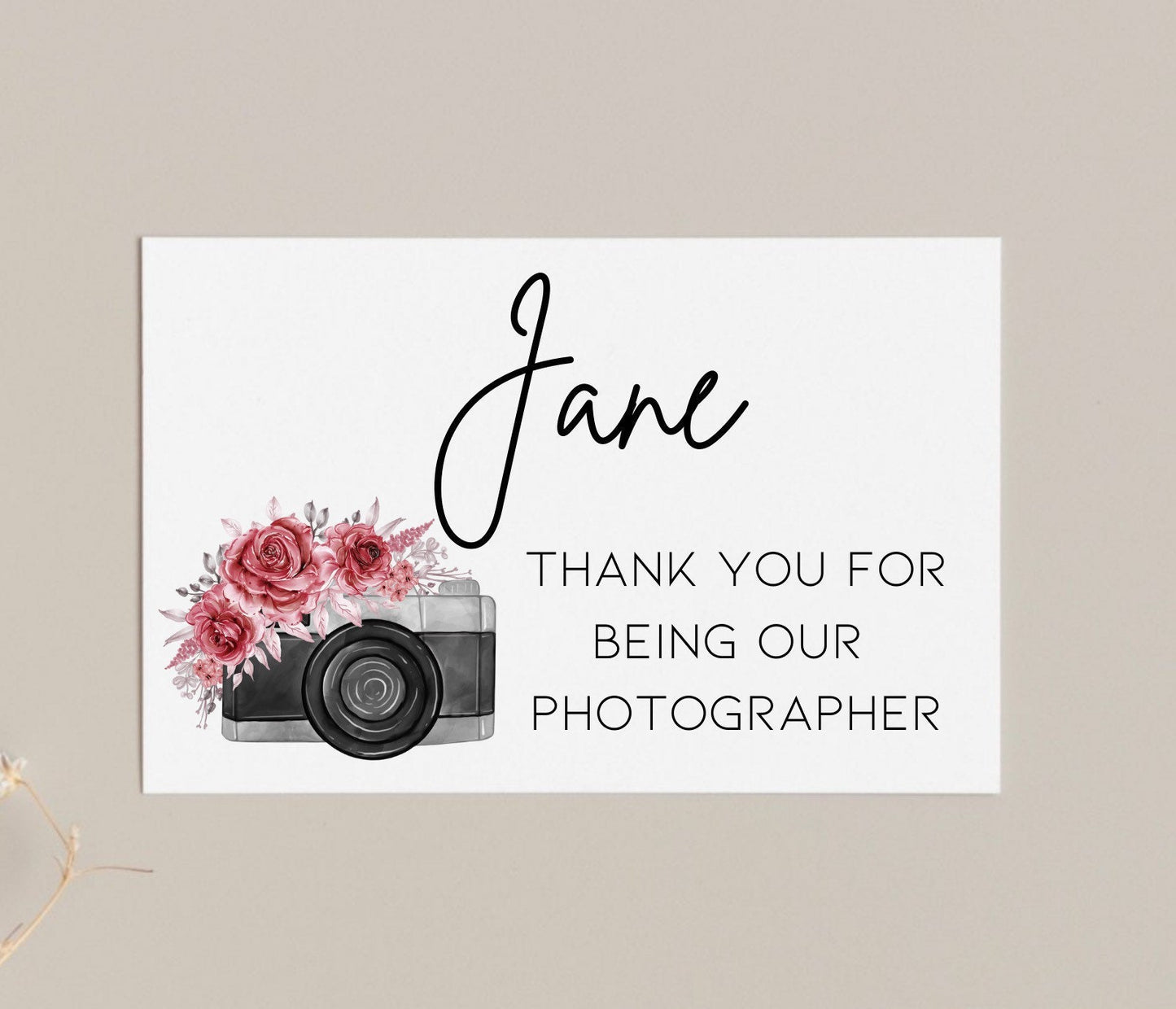 Thank you for being our photographer, personalised wedding photographer card, thanks for wedding day photos, flower camera