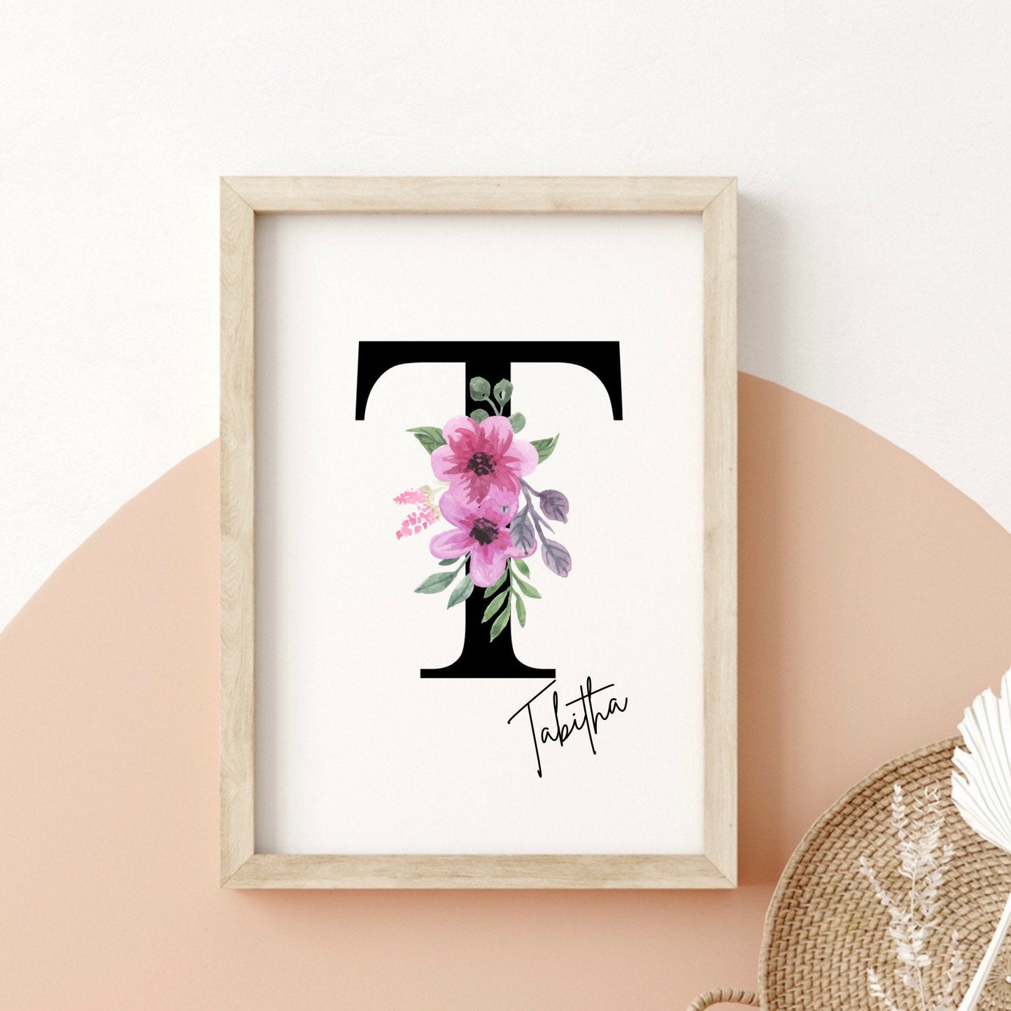 Flower initial print, personalised nursery wall art, unframed pretty print, boho baby girl bedroom decor, new baby gift